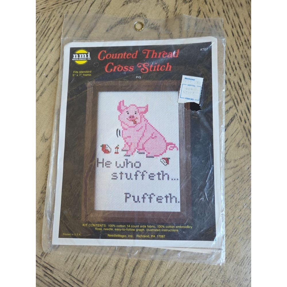 Needle Magic Counted Cross Stitch Kit Pink Pig "He who stuffeth puffeth" NEW Vtg